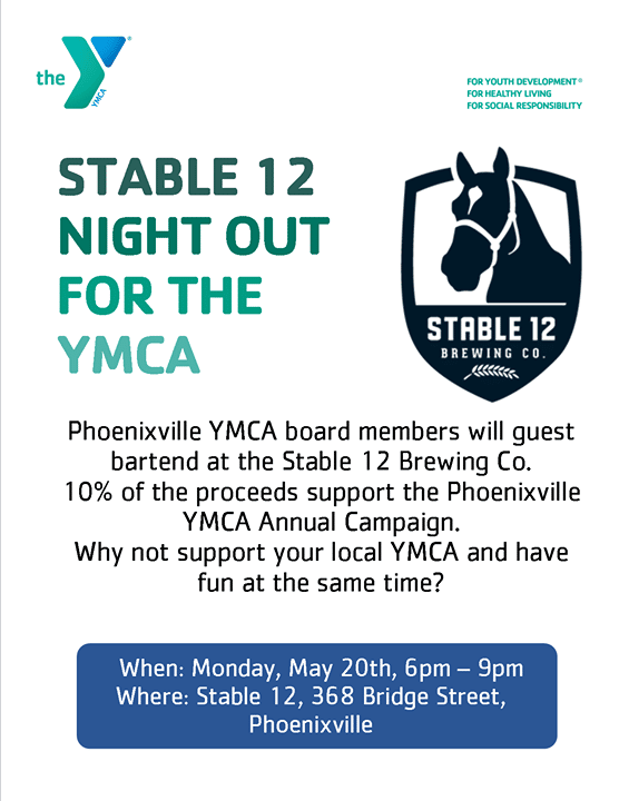 Guest Beertending Event: Phoenixville YMCA- Monday, May 20th from 6pm-9pm!!!!