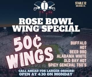 🤑 TONIGHT 🤑 Get your 50 ¢ wings for the Rose Bowl Game! Tonight Only!  Open at 4